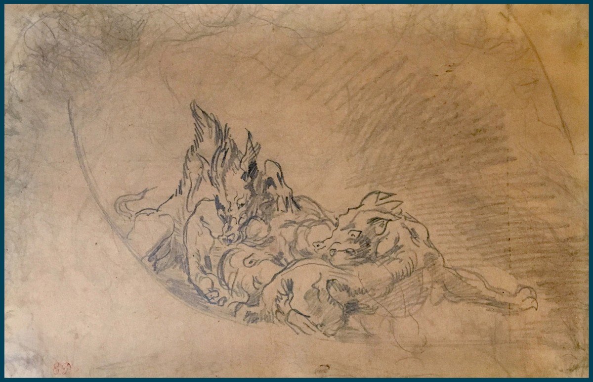 Delacroix Eugène (1798-1863) "ceiling Study Of Apollo At The Louvre" Drawing/black Pencil, Stamp, Frame