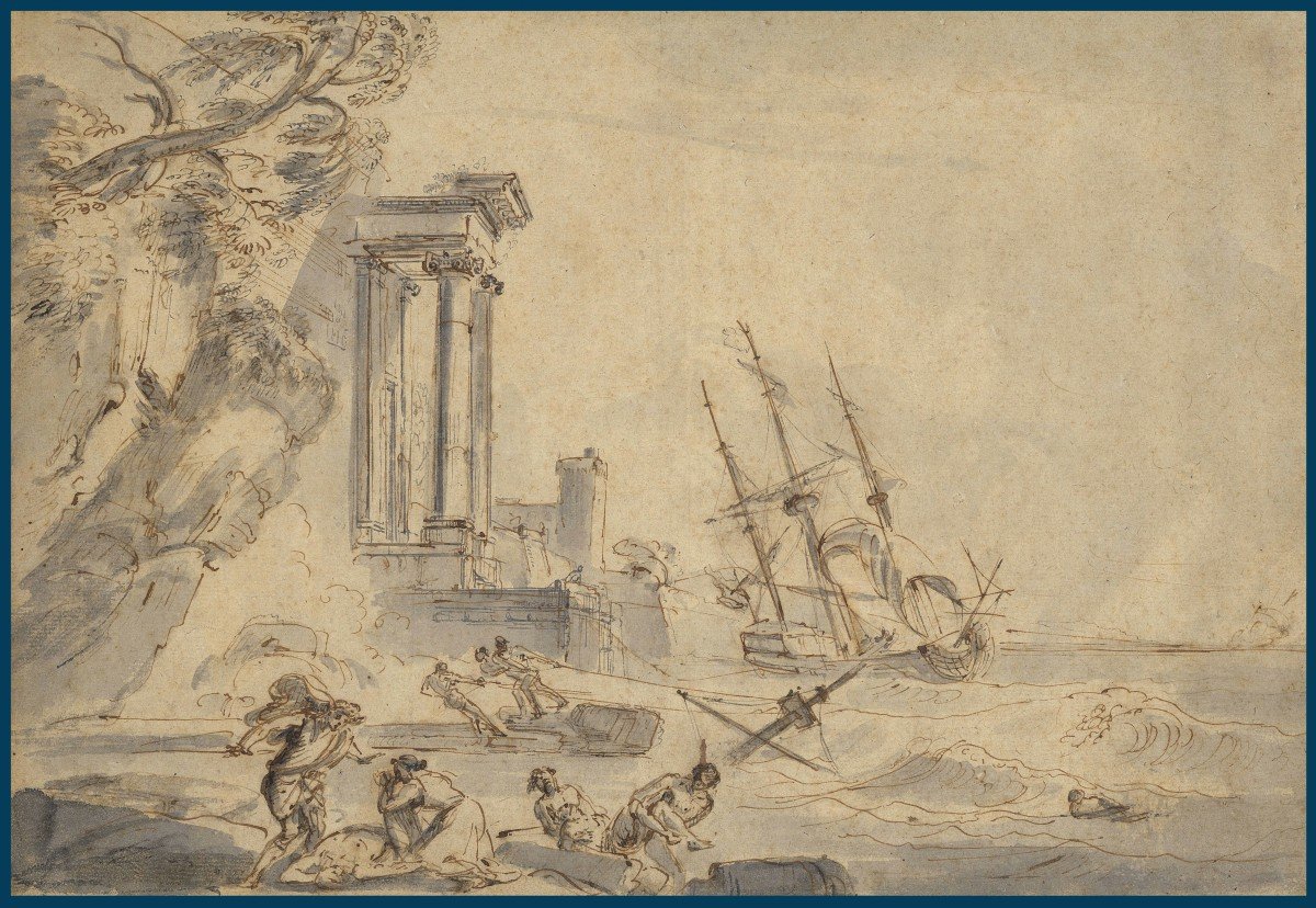 Lallemand Jean-baptiste (1716-1803) "seaside Landscape" Pen And Gray Wash Drawing