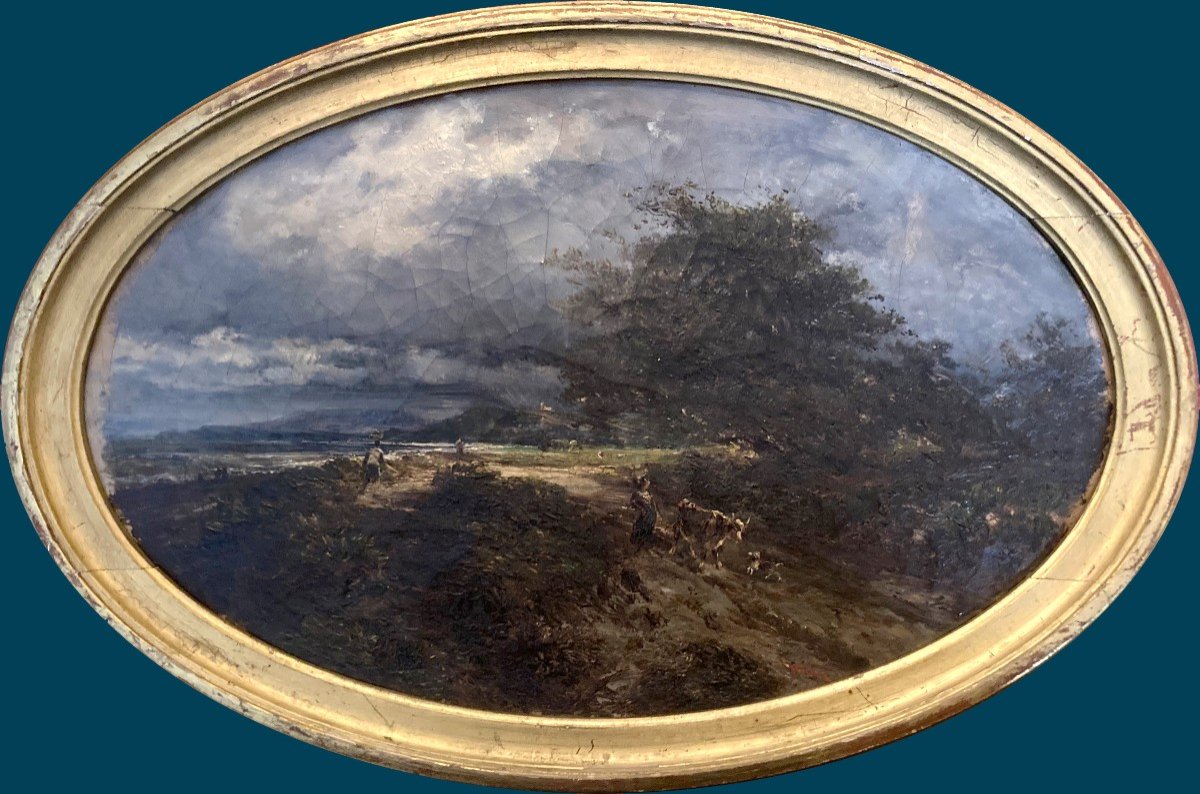 Giroux André (1801-1879) "landscape, Characters, Cow And Dog" Oil/canvas, Signed, 19th Century Frame