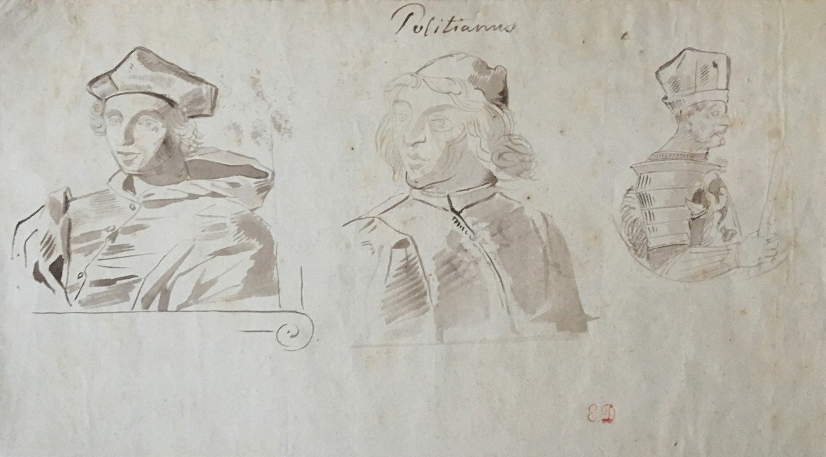 Delacroix Eugène (1798-1863) "study Of Heads Of Ange Politien 16th"drawing/pen,brown Wash,stamp-photo-2