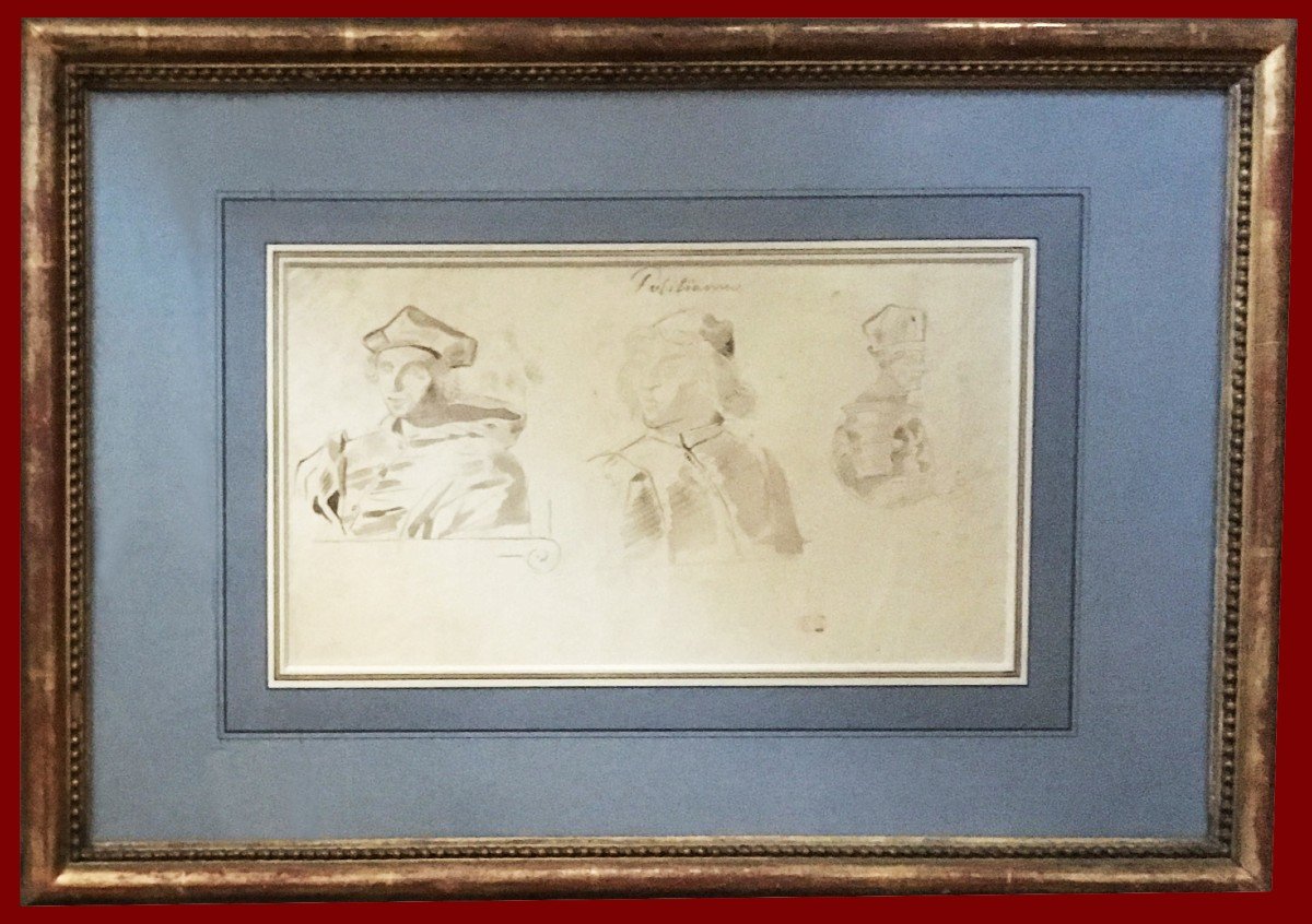 Delacroix Eugène (1798-1863) "study Of Heads Of Ange Politien 16th"drawing/pen,brown Wash,stamp