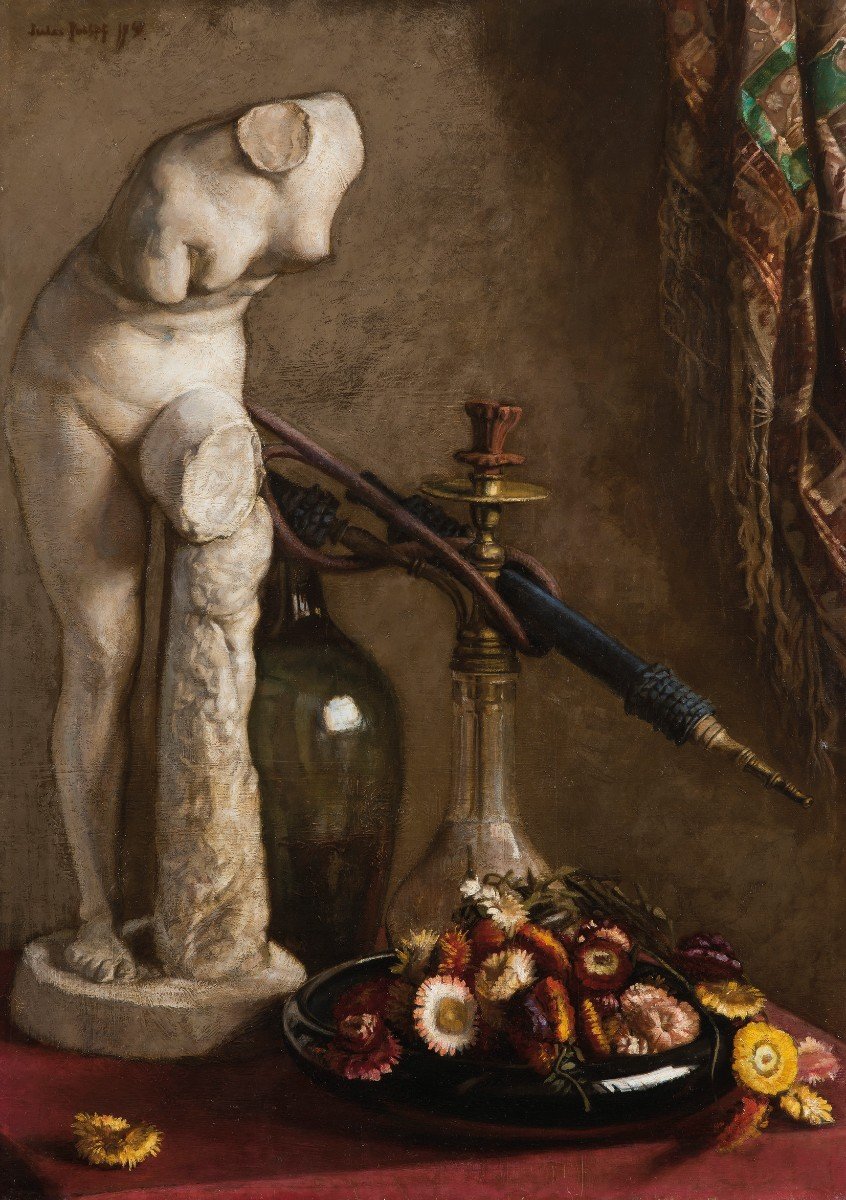 Pollet Jules (1870-1941) Ecole Belge "nature Morte Au Narguilé" Huile Sur Toile, Signé, Cadre