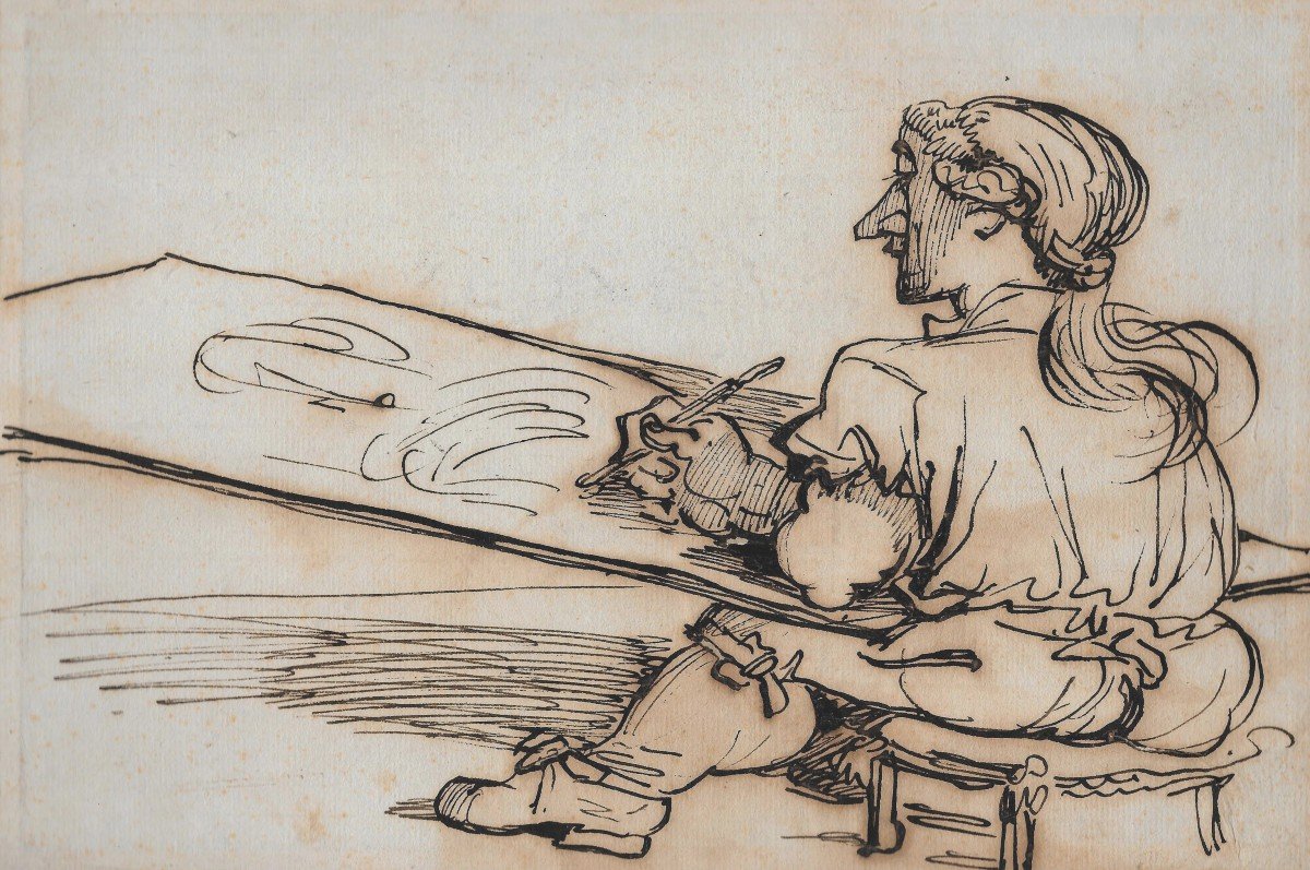 Vincent François-andré (1746-1816) "the Artist Drawing" Pen Drawing, Frame Late 18th Century-photo-2