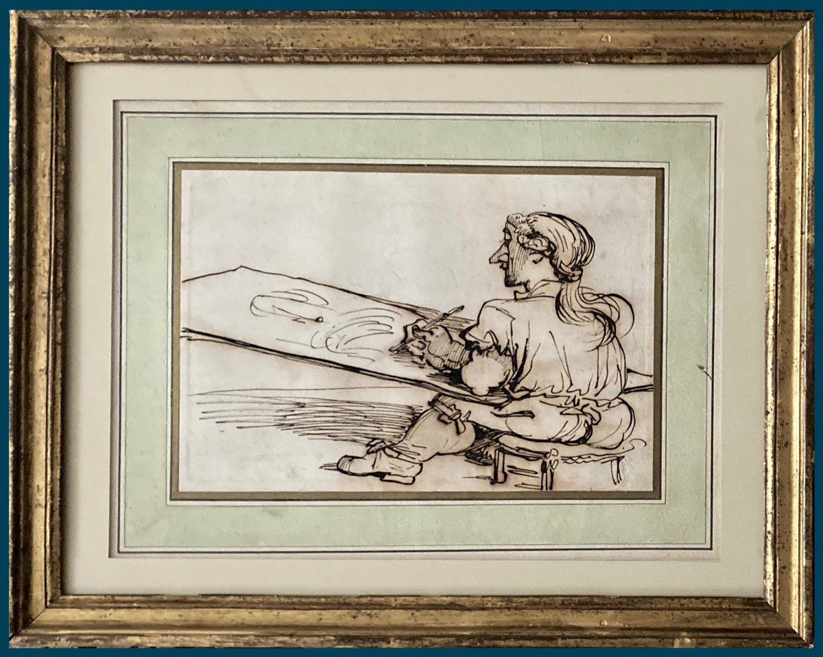 Vincent François-andré (1746-1816) "the Artist Drawing" Pen Drawing, Frame Late 18th Century