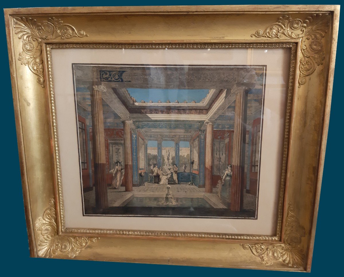 MAZOIS François (1783-1826) "Villa Pompéienne et personnages" Dessin/Plume, aquarelle, Annoté-photo-2