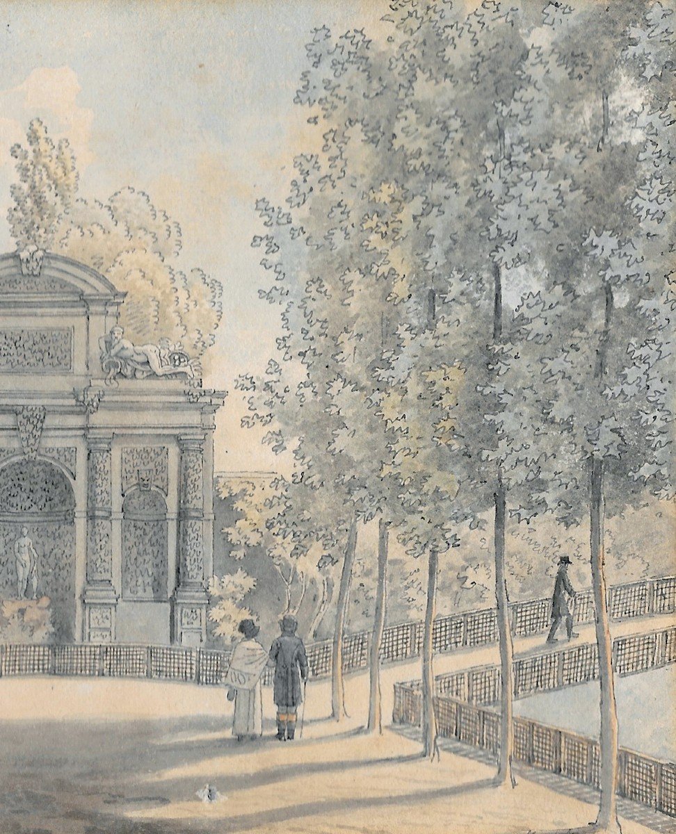 Vauzelle Jean Lubin (1776-1837) "medici Fountain, At Luxembourg Gardens" Drawing/pen,watercolor-photo-3