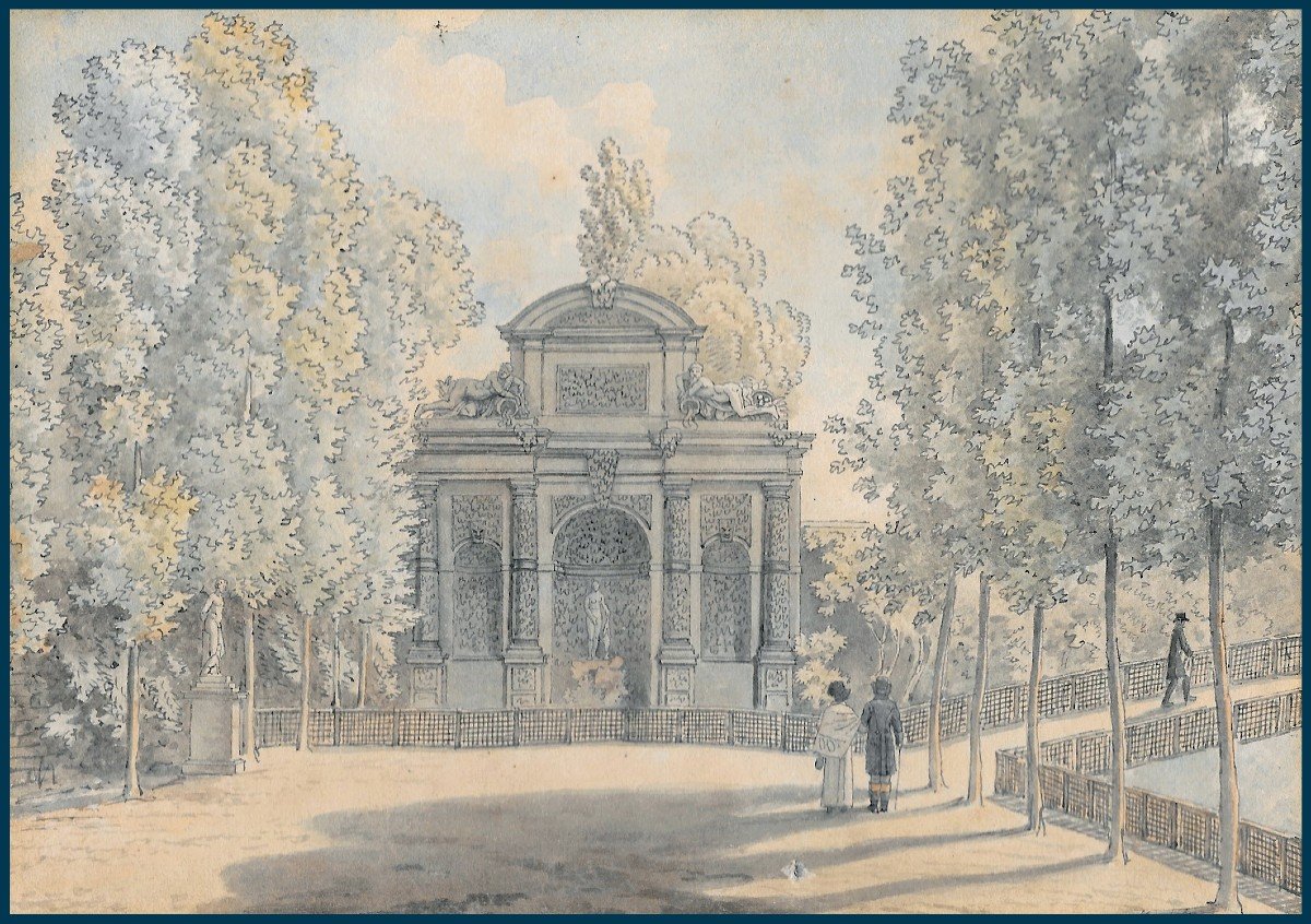Vauzelle Jean Lubin (1776-1837) "medici Fountain, At Luxembourg Gardens" Drawing/pen,watercolor