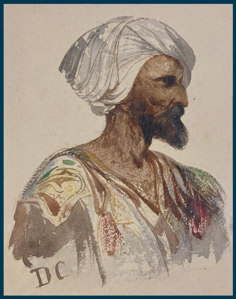 Decamps Alexandre Gabriel (1803-1860) "oriental Head" Watercolor, Monogrammed, Provenance