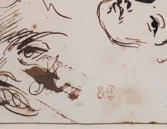 Delacroix Eugène (1798-1863) "study Of Heads" Drawing/pen And Brown Wash, Stamp, Frame-photo-4