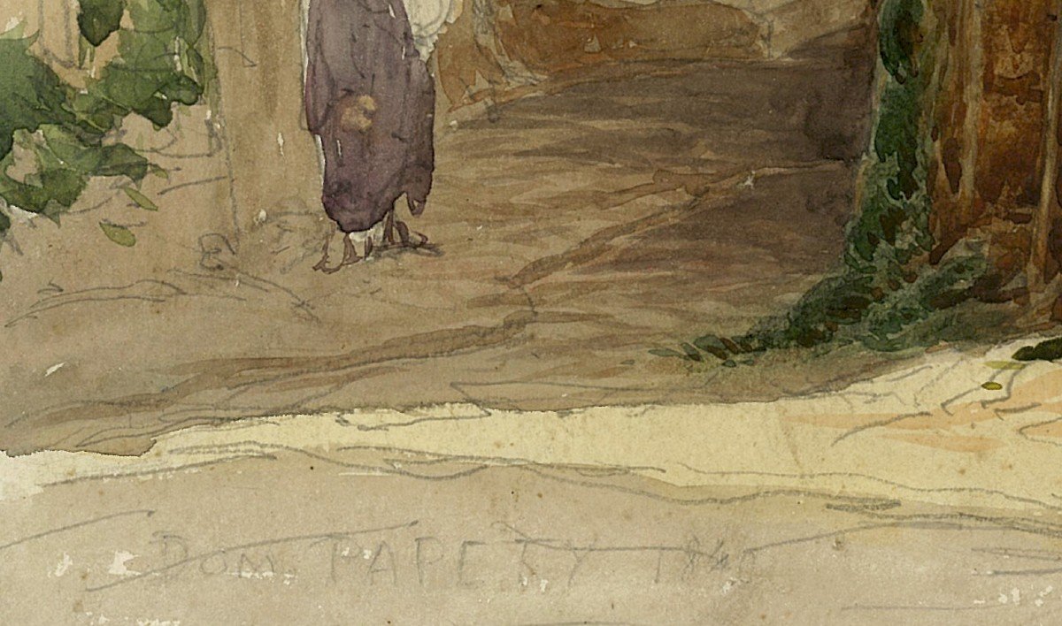 Papety Dominique (1815-1849) "house And Alley In The South Of France" Watercolor, Signed, Dated-photo-4