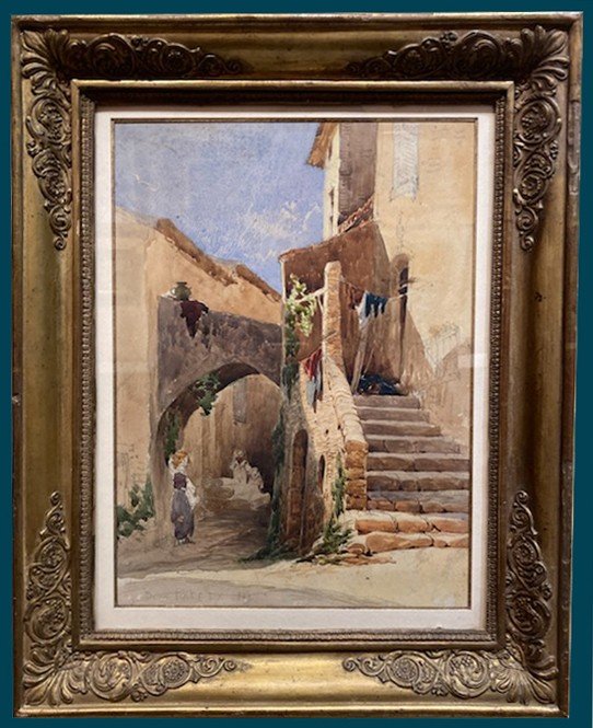 Papety Dominique (1815-1849) "house And Alley In The South Of France" Watercolor, Signed, Dated