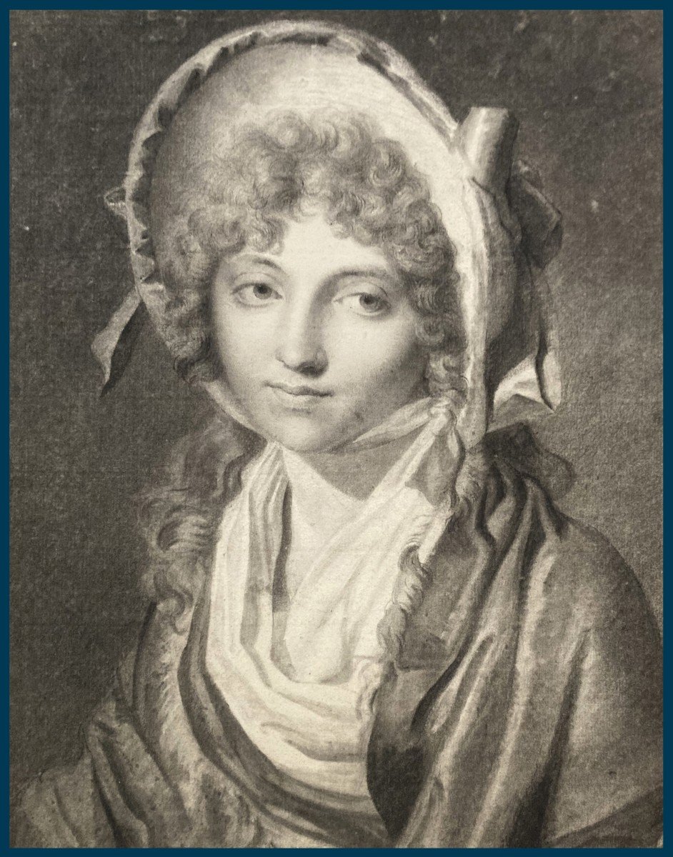 ECOLE FRANCAISE VERS 1800 "Jeune femme au chapeau" Dessin au crayon noir,Cadre/cartouche BOILLY-photo-2