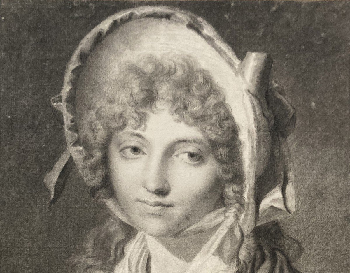 ECOLE FRANCAISE VERS 1800 "Jeune femme au chapeau" Dessin au crayon noir,Cadre/cartouche BOILLY-photo-3