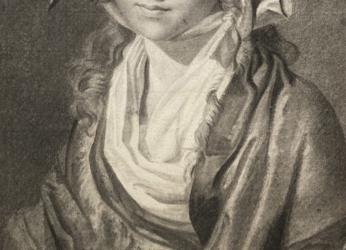 ECOLE FRANCAISE VERS 1800 "Jeune femme au chapeau" Dessin au crayon noir,Cadre/cartouche BOILLY-photo-4