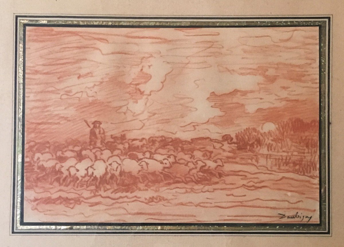 DAUBIGNY Charles François (1817-1878) "Paysage berger et moutons" Dessin/Crayon sanguine, Signé-photo-3