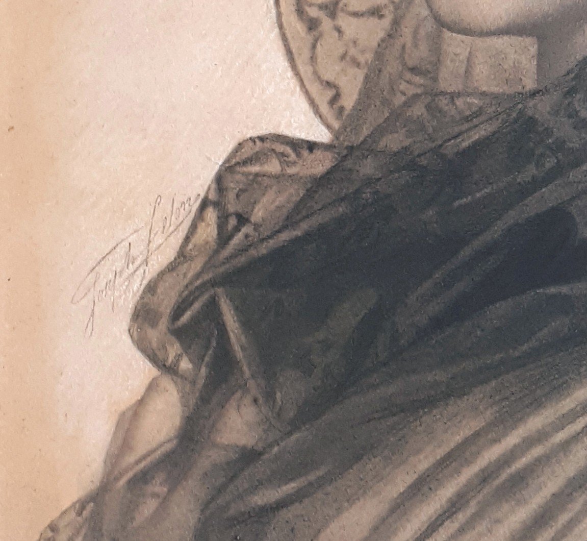 FELON Joseph (1818-1896) "Portrait de femme" Dessin au crayon noir et pastel, Signé-photo-4