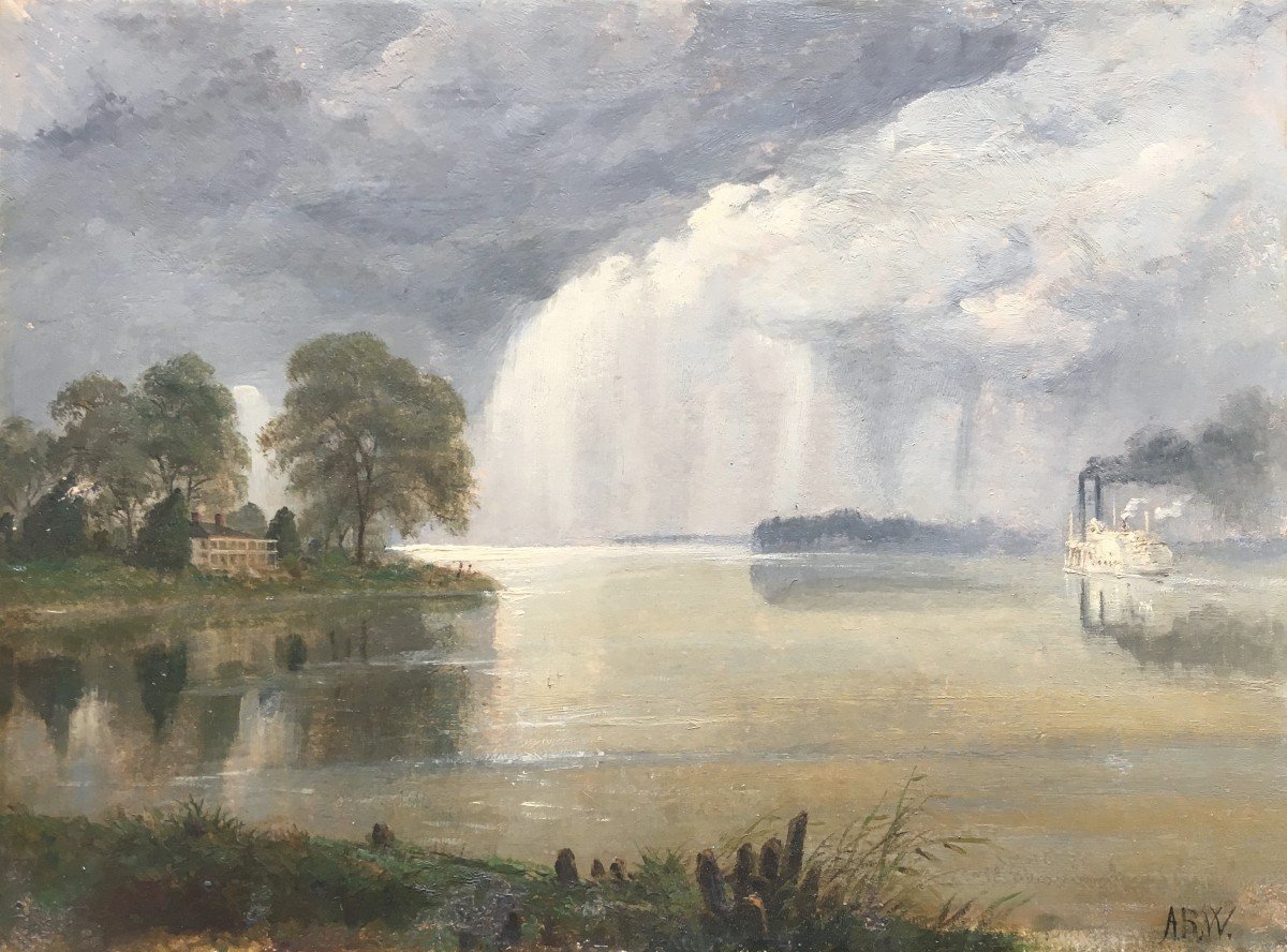 Waud Alfred Rudolph (1828-1891) American School "boat On The Mississippi And Storm" Oil/cardboard-photo-2