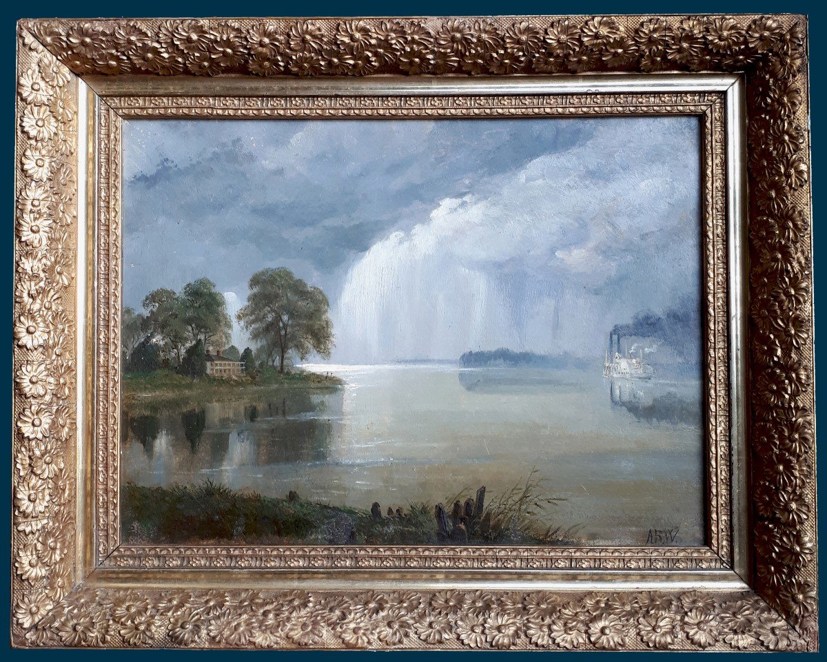 Waud Alfred Rudolph (1828-1891) American School "boat On The Mississippi And Storm" Oil/cardboard