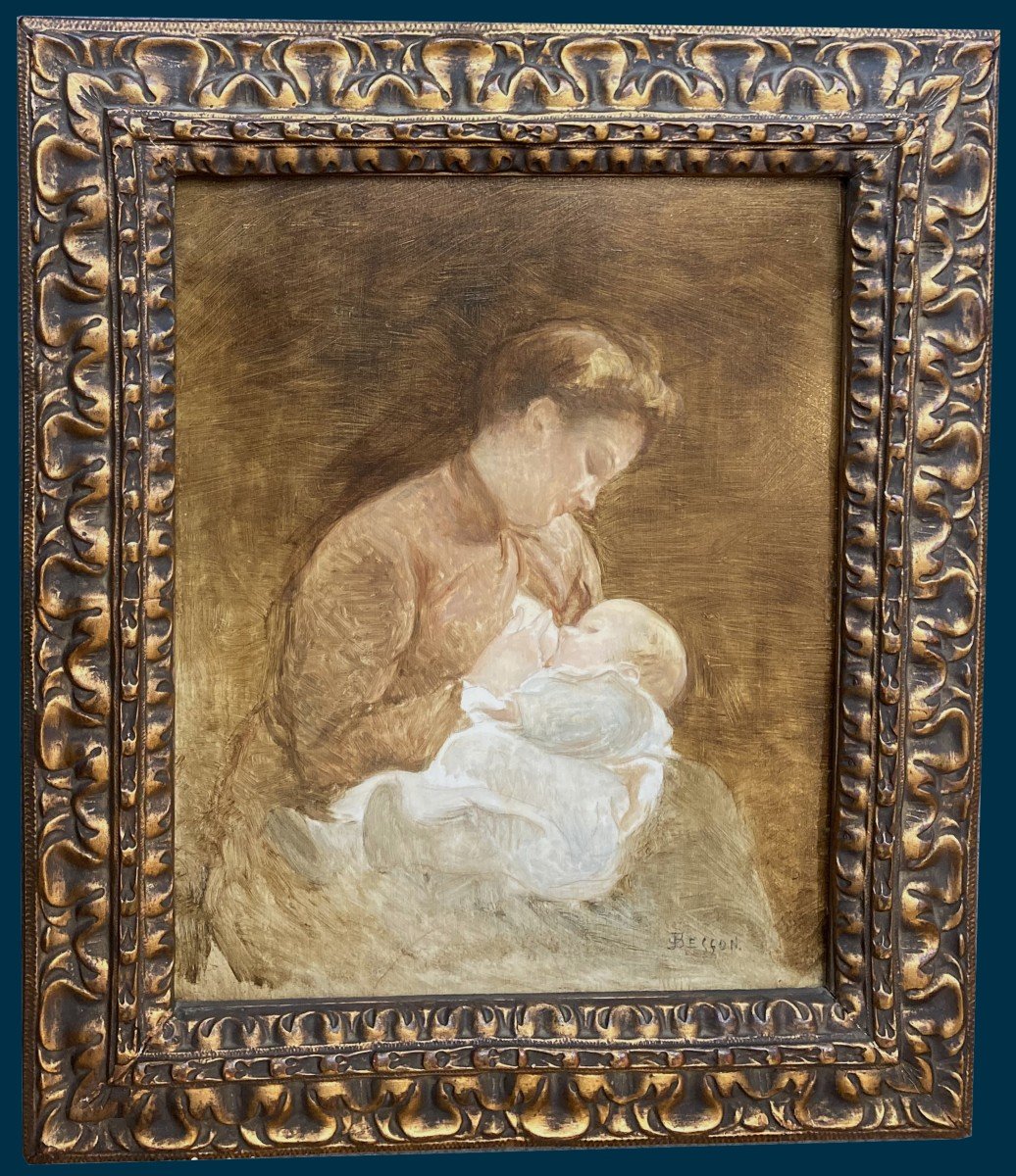 Jules Gustave BESSON (1868-1942) "Maternité" Huile sur panneau, Signé