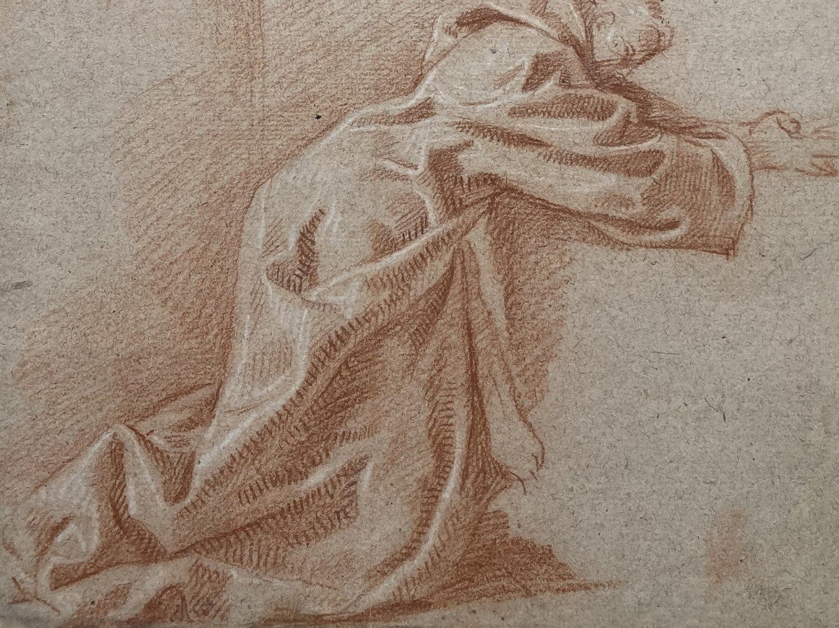 Italian School Early 18th Century "kneeling Figures" Drawing/red Chalk And White Chalk-photo-3