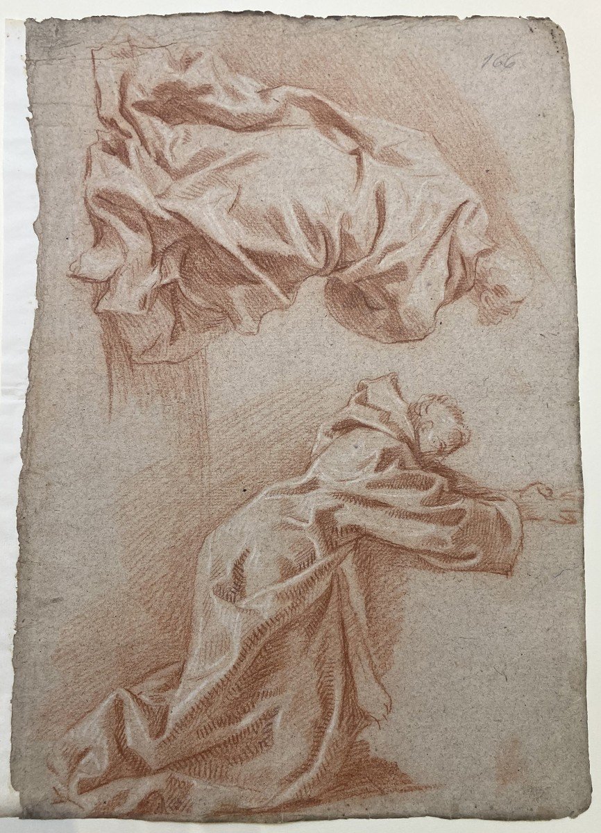 Italian School Early 18th Century "kneeling Figures" Drawing/red Chalk And White Chalk-photo-4