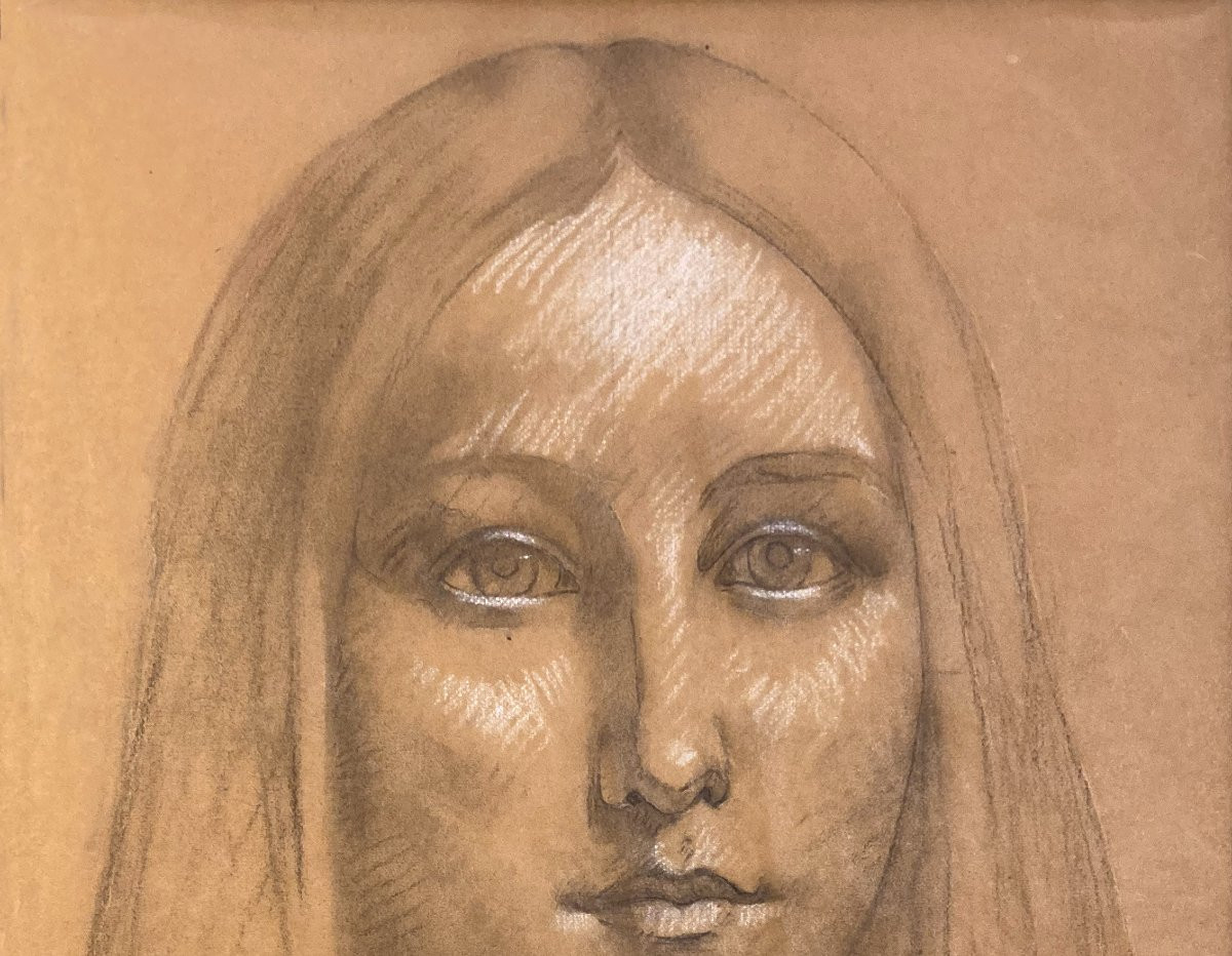 Séon Alexandre (1855-1917) "head Of A Woman" Drawing In Black Pencil And White Chalk, Signed, Annotated-photo-2