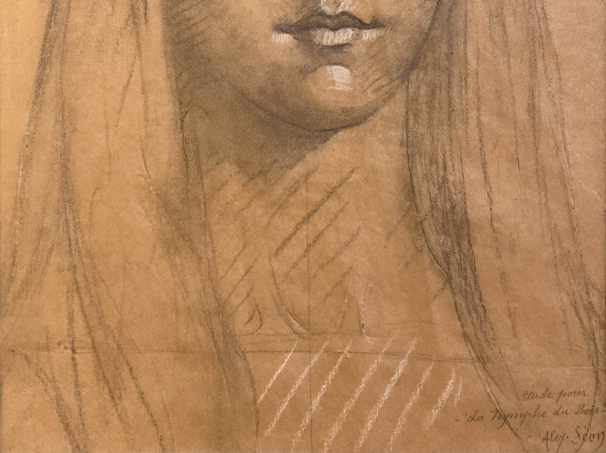 Séon Alexandre (1855-1917) "head Of A Woman" Drawing In Black Pencil And White Chalk, Signed, Annotated-photo-3