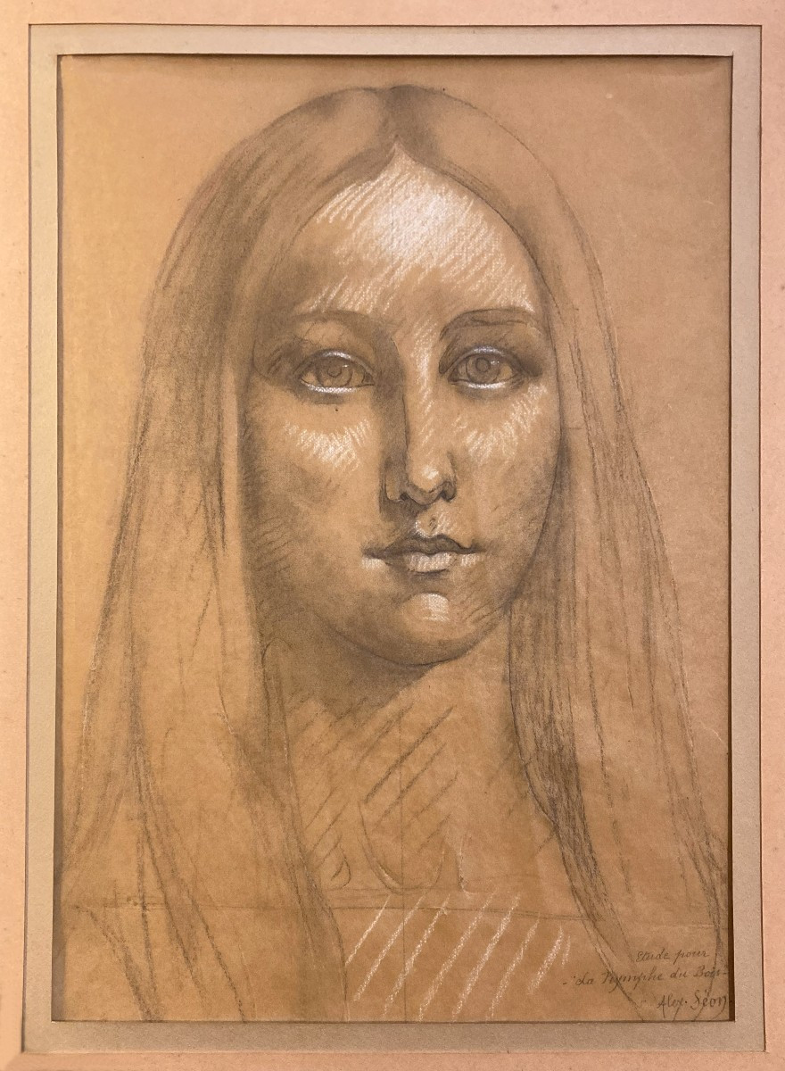 Séon Alexandre (1855-1917) "head Of A Woman" Drawing In Black Pencil And White Chalk, Signed, Annotated