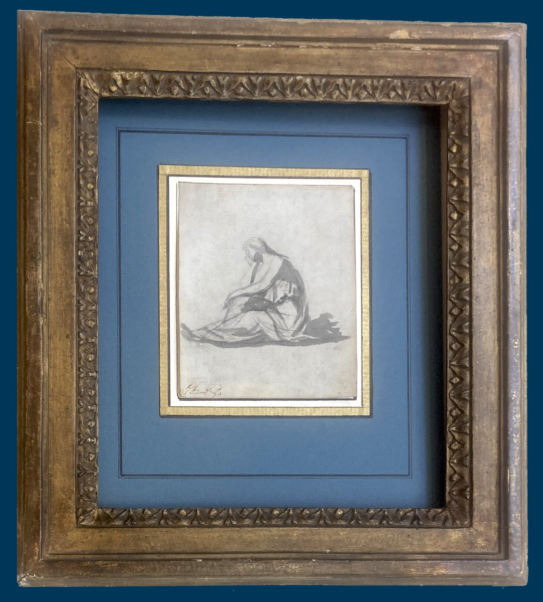 David Jacques Louis (1748-1825) "seated Woman" Gray Wash Drawing, Initialed/lugt, 18th Frame-photo-2
