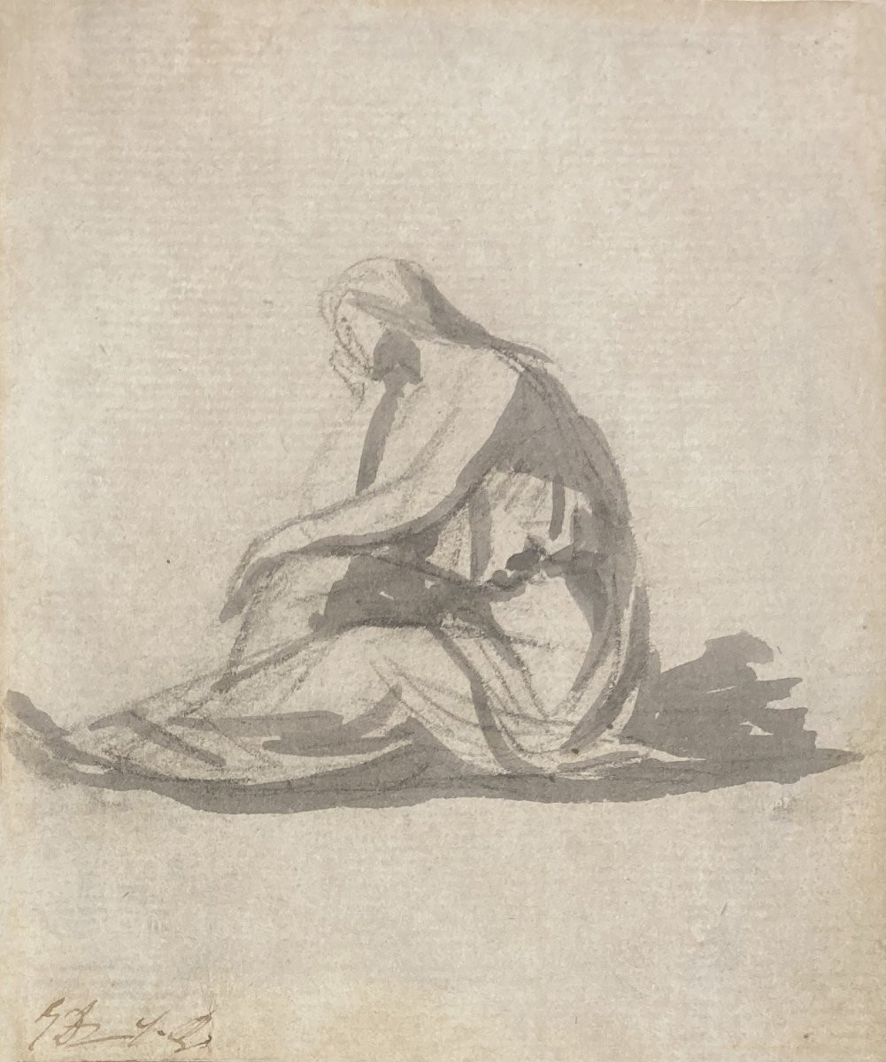 David Jacques Louis (1748-1825) "seated Woman" Gray Wash Drawing, Initialed/lugt, 18th Frame-photo-3