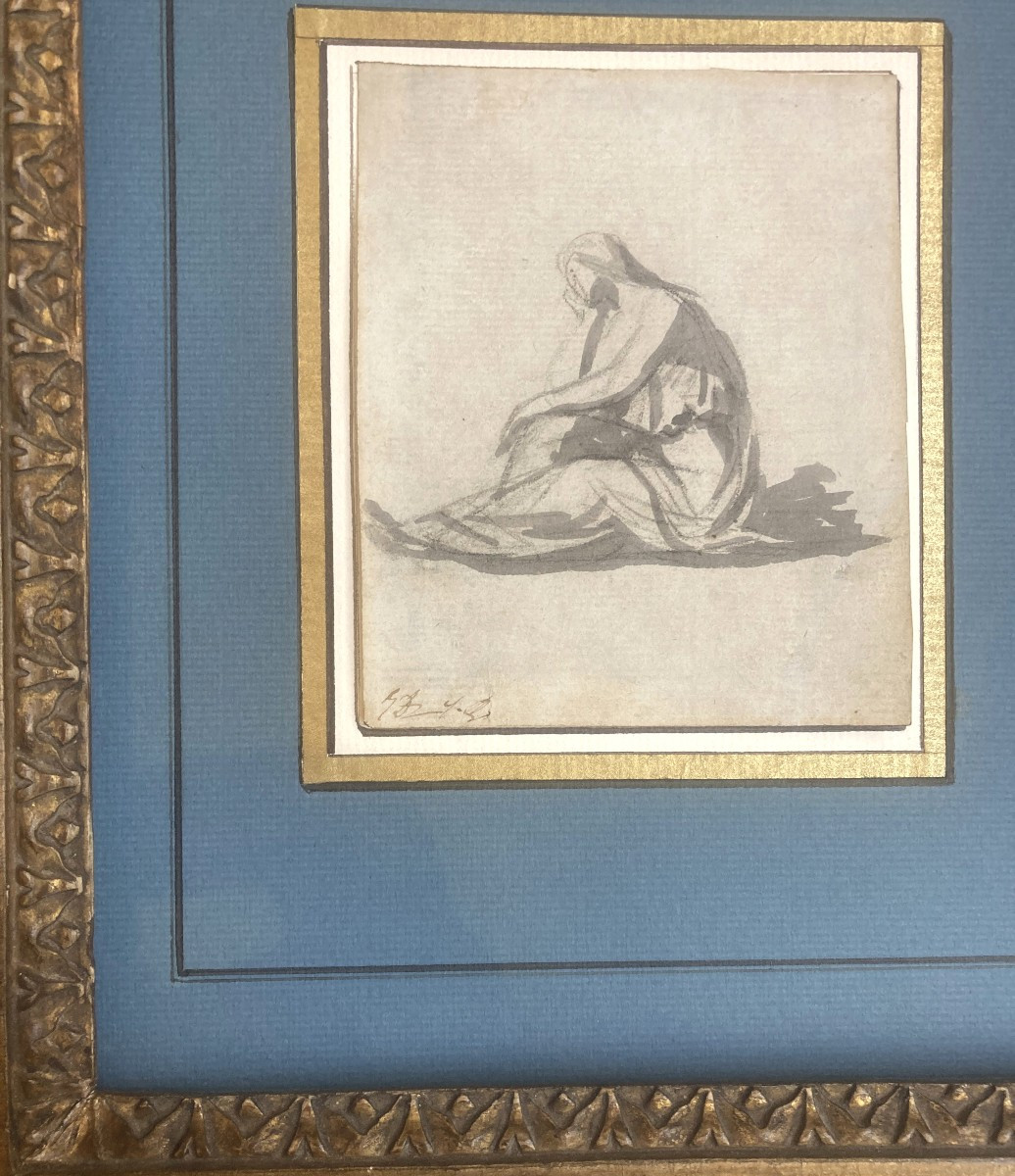 David Jacques Louis (1748-1825) "seated Woman" Gray Wash Drawing, Initialed/lugt, 18th Frame