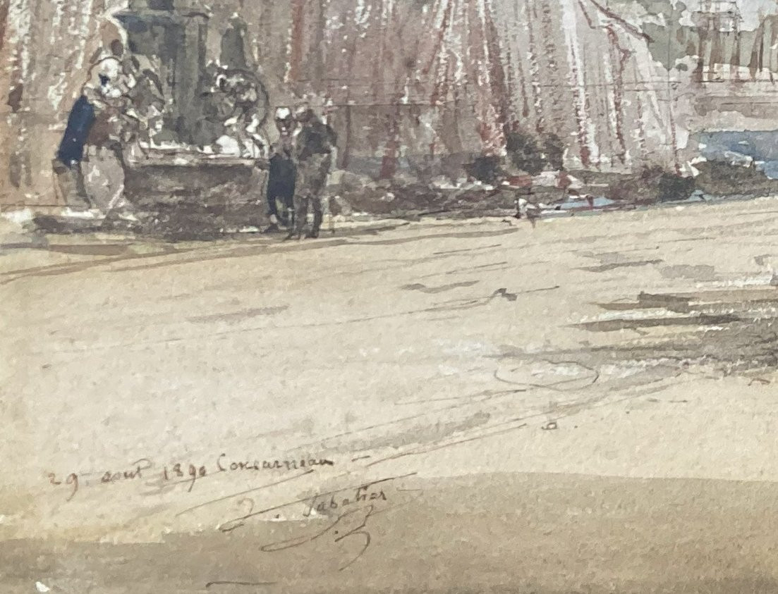 SABATIER François Victor (1823-1891) "Vue de Concarneau"Dessin/Plume & aquarelle, Signé, daté-photo-4