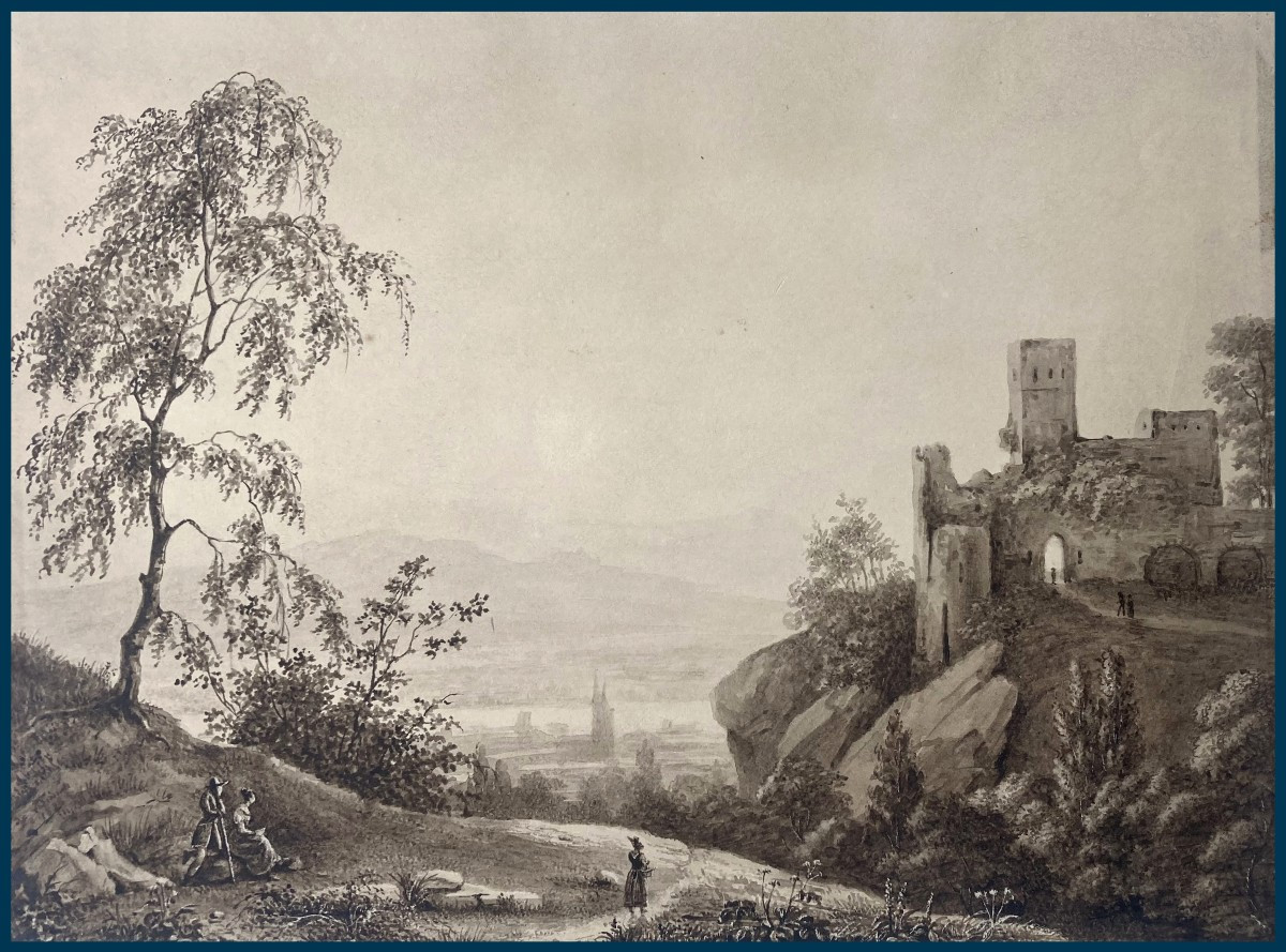 De l'Epinois Pierre (1779-1848) "animated Landscape" Brown Wash Drawing