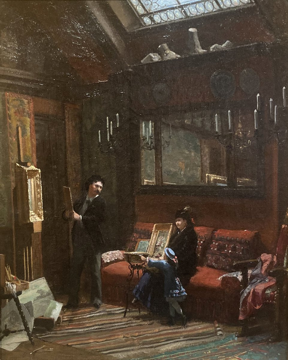 ECOLE FRANCAISE DU 19E SIECLE "Visite chez le peintre" Huile sur toile-photo-2