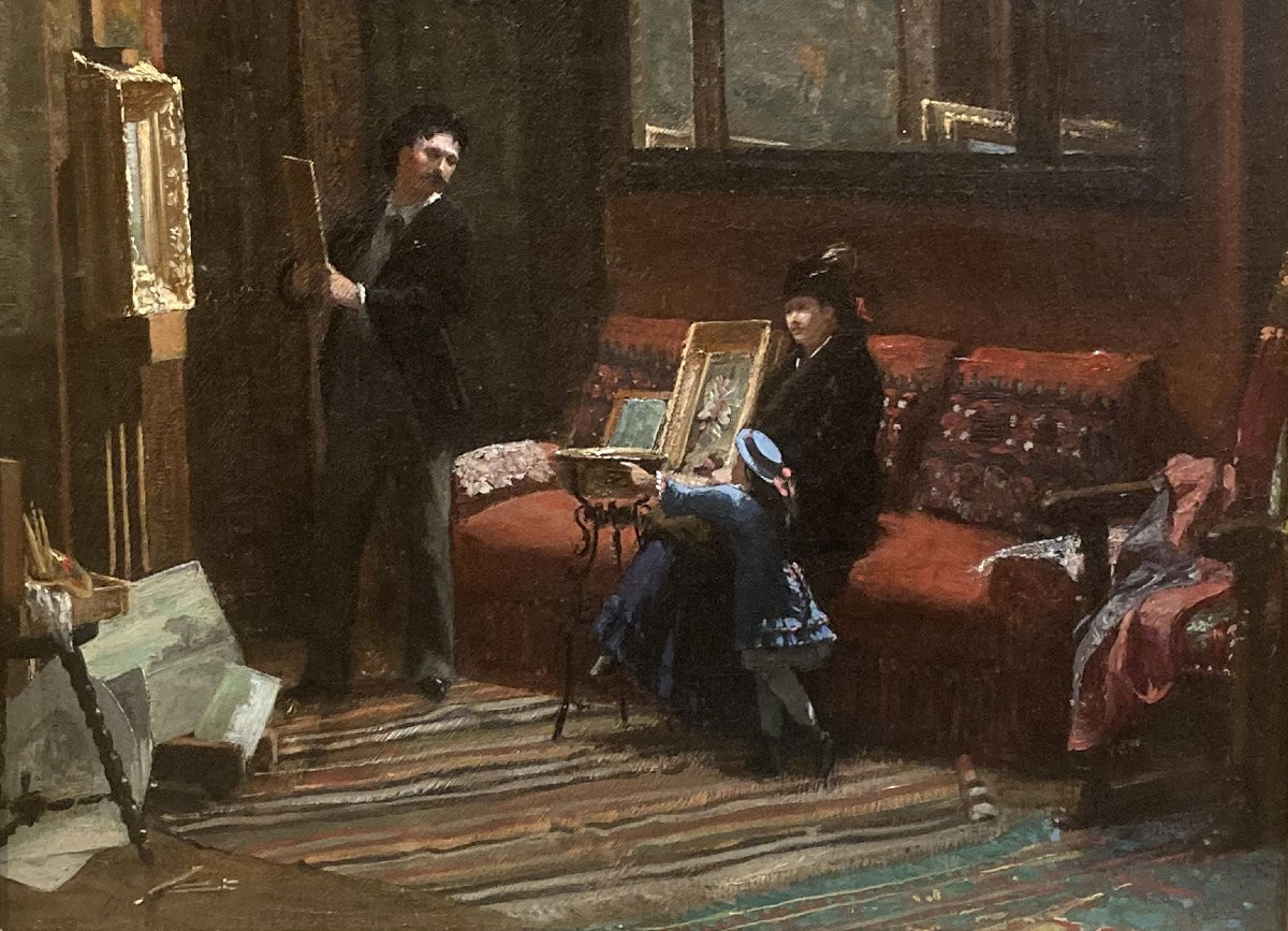 ECOLE FRANCAISE DU 19E SIECLE "Visite chez le peintre" Huile sur toile-photo-4