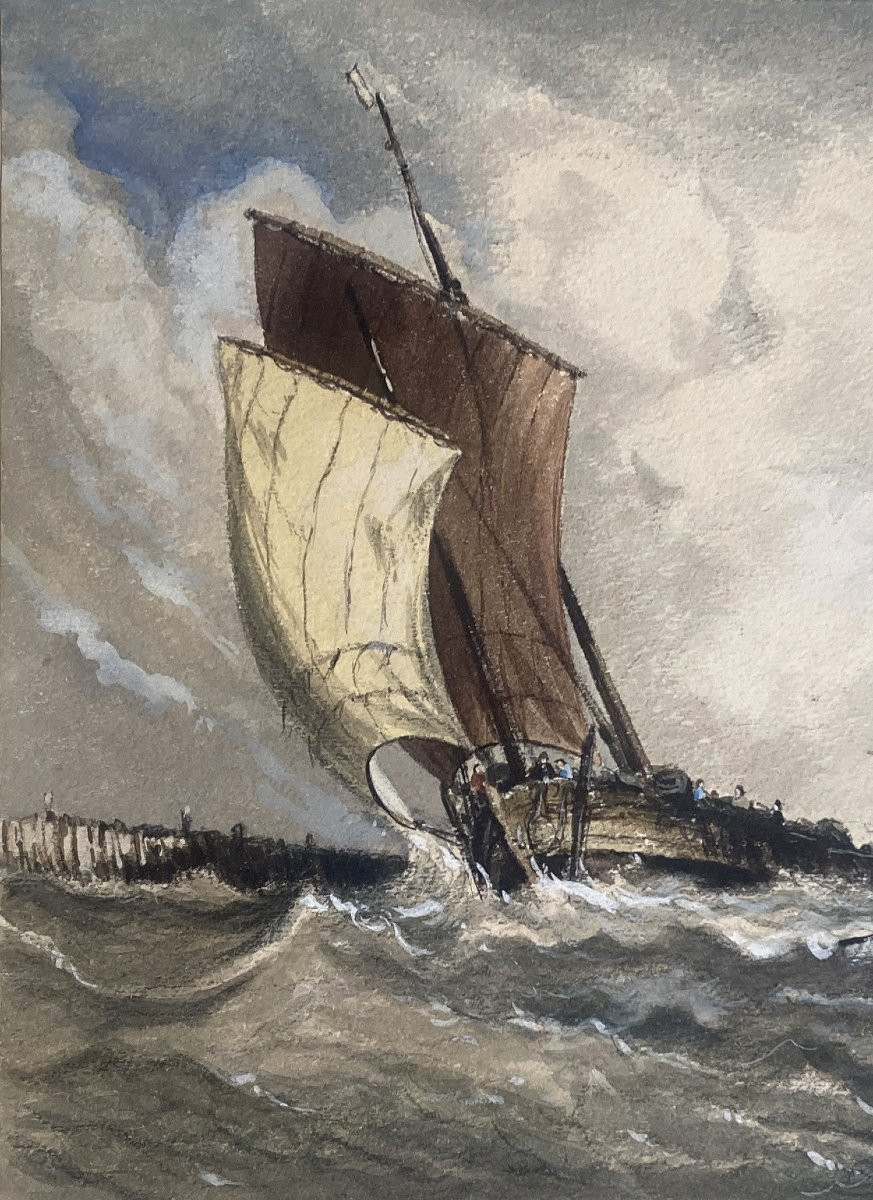 French School Circa 1850 "marine" Drawing In Watercolor And White Gouache-photo-2