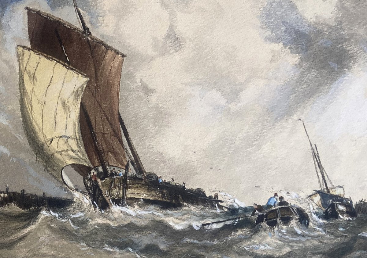 French School Circa 1850 "marine" Drawing In Watercolor And White Gouache-photo-4