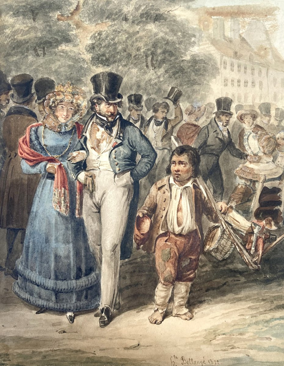 Bellangé Hippolyte (1800-1866) "street Scene" Drawing/watercolor, Signed And Dated, Beautiful 19th Century Frame-photo-2