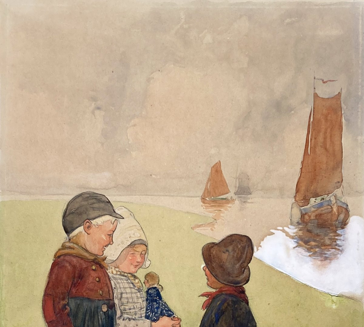 Vallet Louis (1853-1929) "children" Drawing In Black Pencil, Watercolor, White Gouache, Signed-photo-2