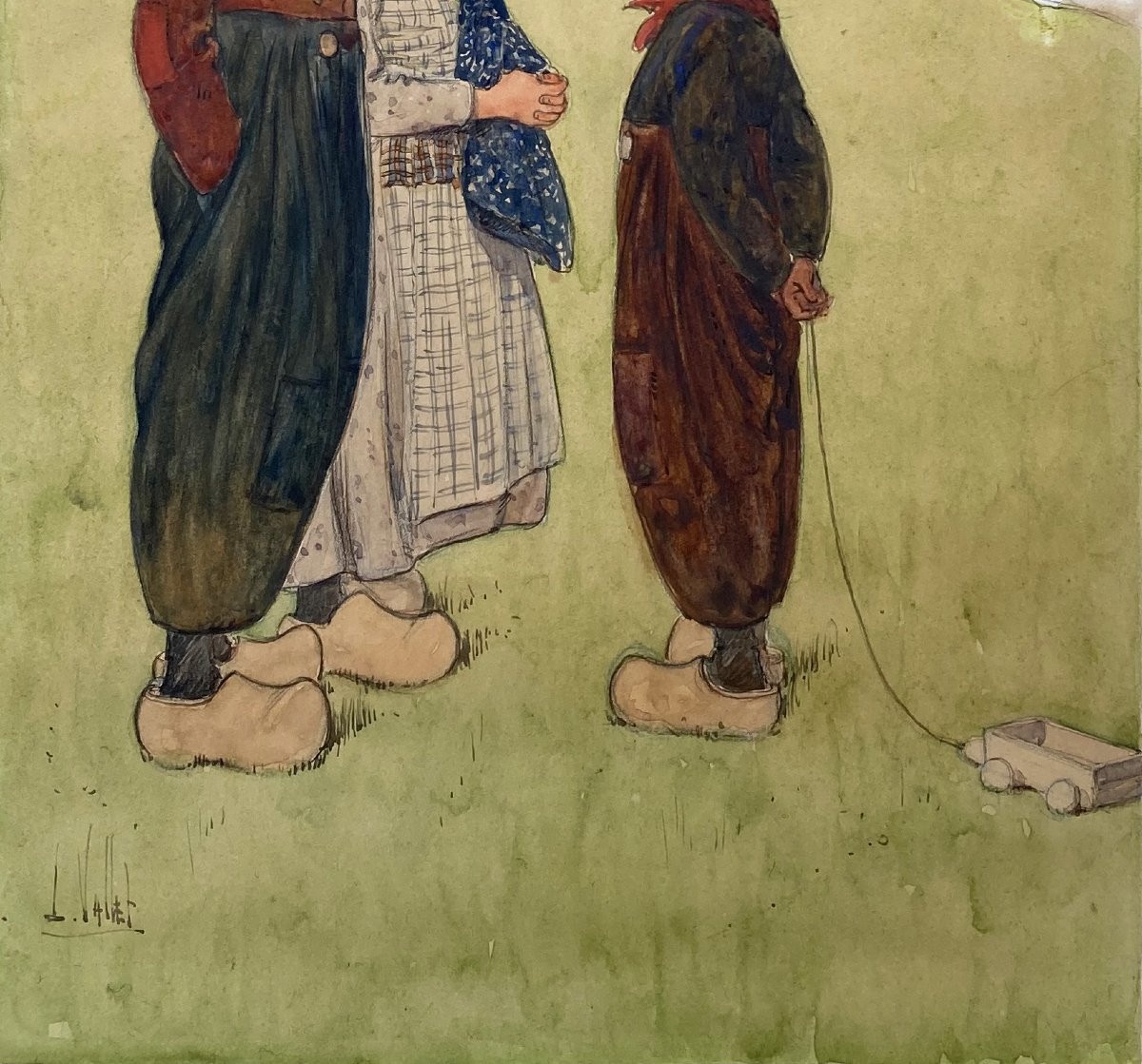 Vallet Louis (1853-1929) "children" Drawing In Black Pencil, Watercolor, White Gouache, Signed-photo-3