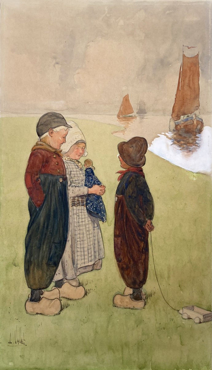Vallet Louis (1853-1929) "children" Drawing In Black Pencil, Watercolor, White Gouache, Signed