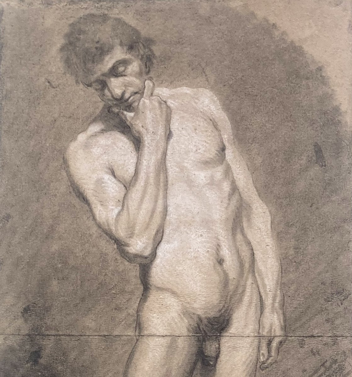 ECOLE FRANCAISE DU 18E SIECLE "Académie d'homme" Dessin à la pierre noire et craie blanche-photo-2