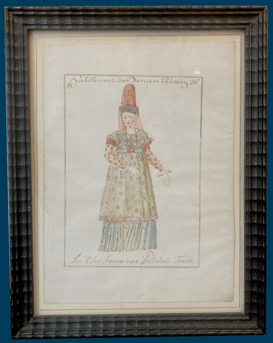 French School 17th Century "lady Of Palestine" Drawing/gouache On Vellum, Framed