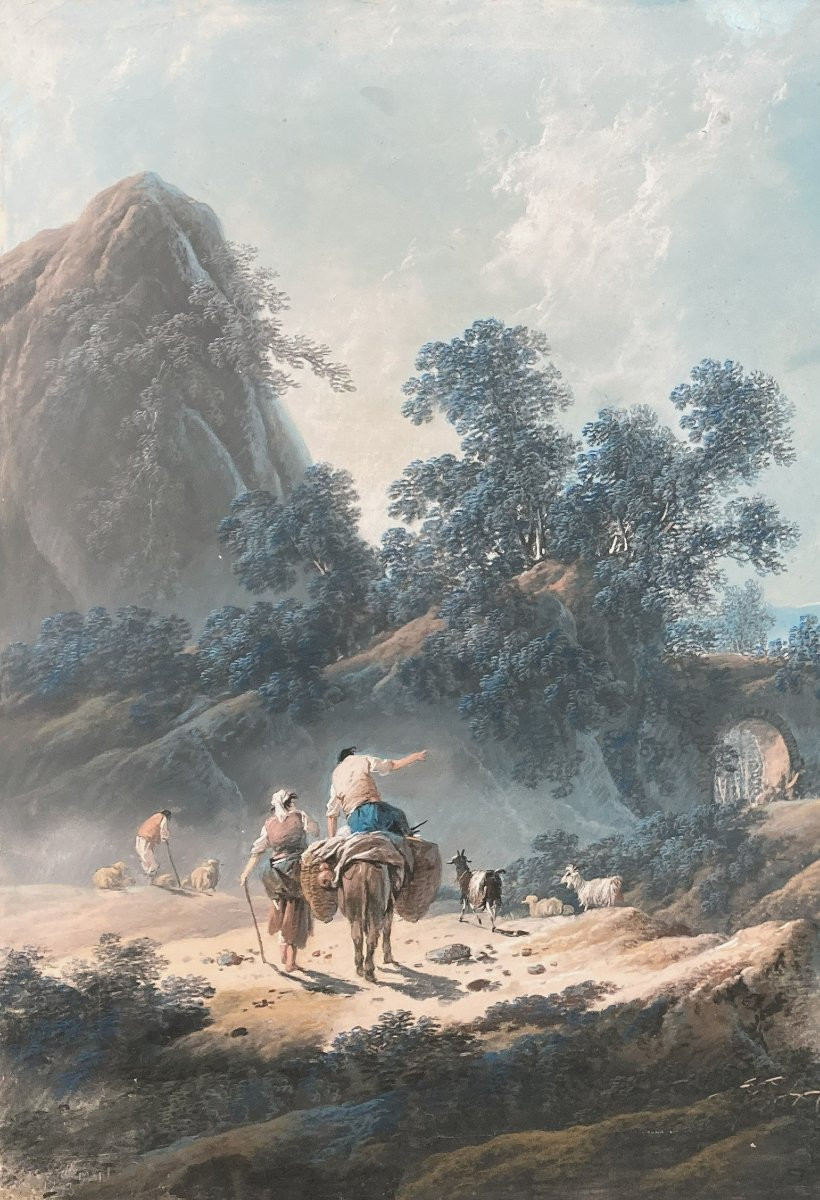 Pillement Jean-baptiste (1728-1808) "animated Landscape" Pastel Drawing, Signed And Dated, 19th Century Frame-photo-3