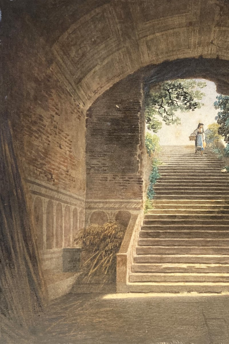 ECOLE FRANCAISE VERS 1820 "Personnages et escalier" Dessin à l'aquarelle-photo-3