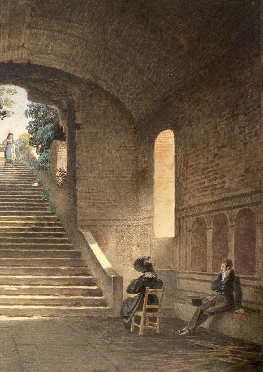ECOLE FRANCAISE VERS 1820 "Personnages et escalier" Dessin à l'aquarelle-photo-4