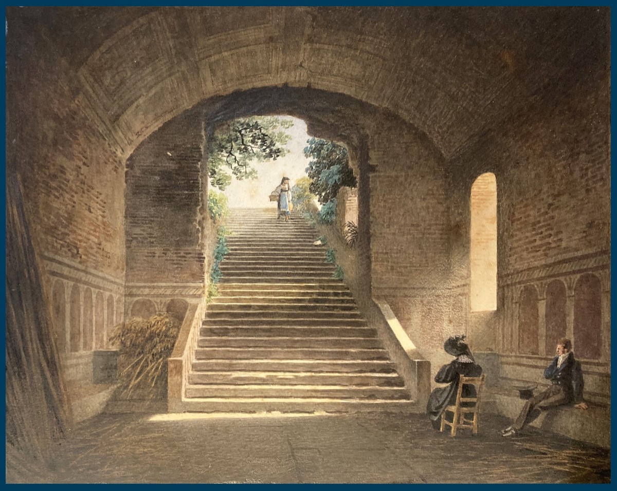 ECOLE FRANCAISE VERS 1820 "Personnages et escalier" Dessin à l'aquarelle