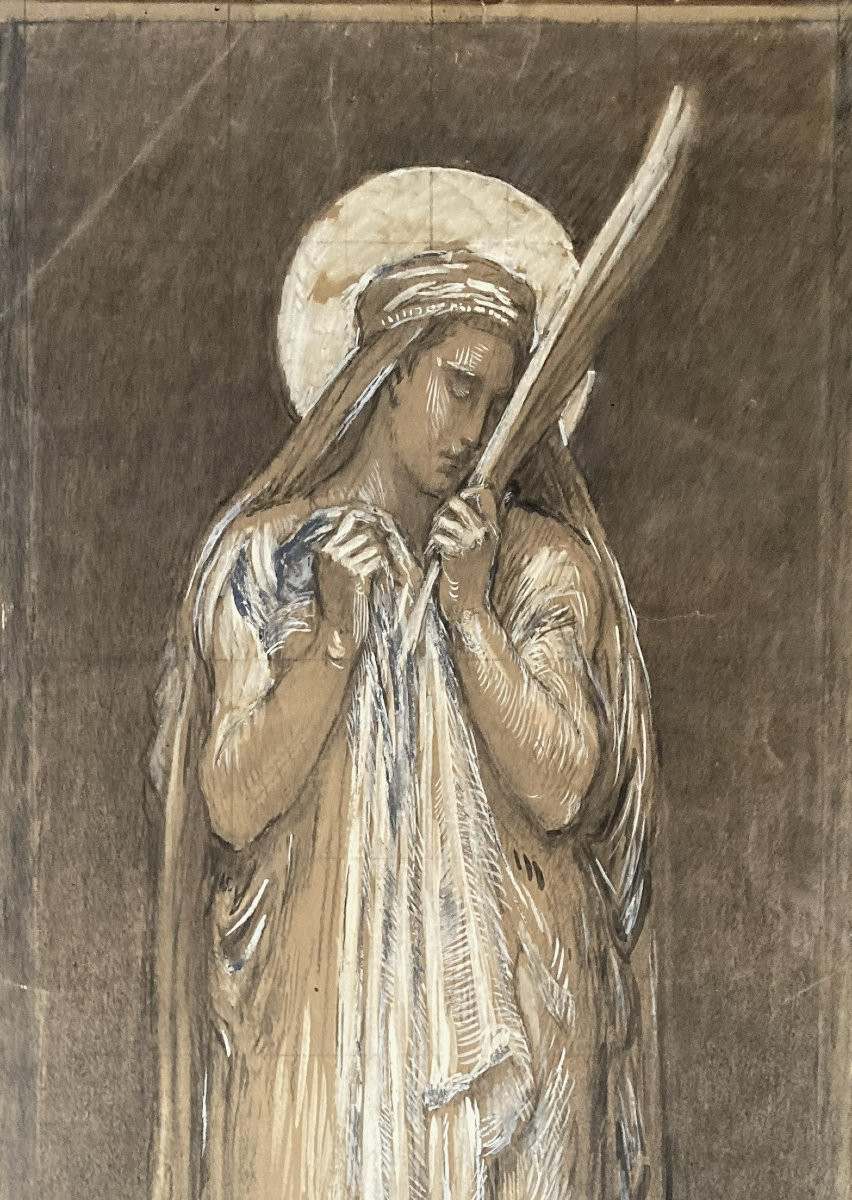 Borel Paul (1828-1913) "sainte Lydie" Drawing/black Pencil, White Gouache, Signed And Dated, Frame-photo-2