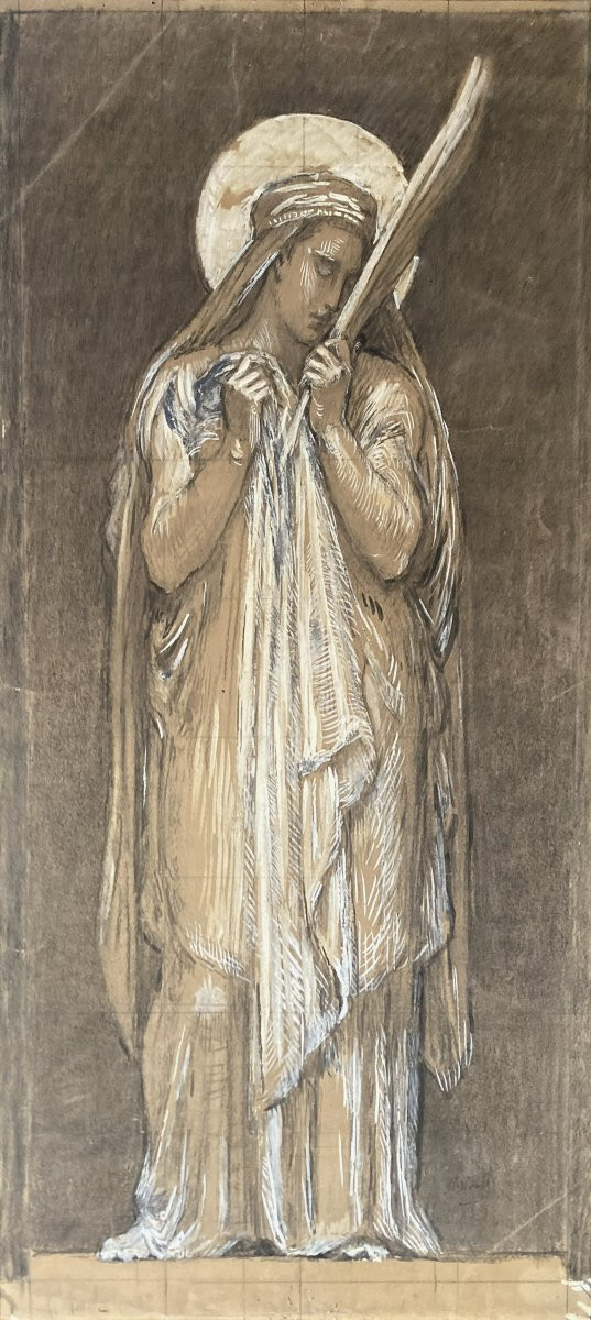 Borel Paul (1828-1913) "sainte Lydie" Drawing/black Pencil, White Gouache, Signed And Dated, Frame-photo-4