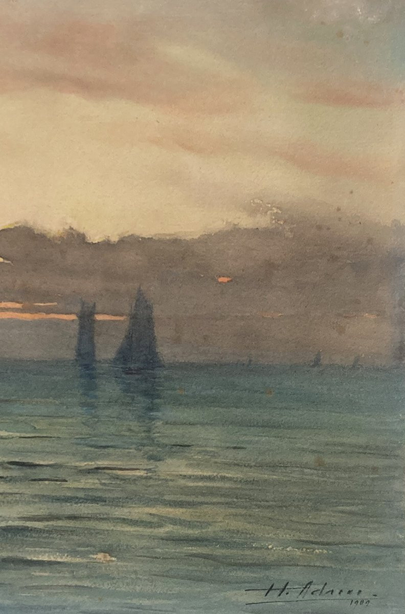 Adam Henri (1864-1917) "marine" Watercolor Drawing, Signed And Dated-photo-3